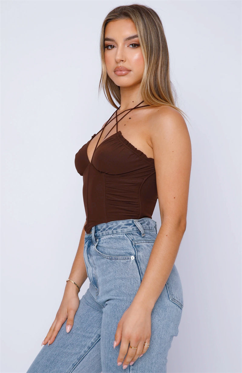 Women High-Support Mesh Pleated Crossover Camisole Tops SUM4659A