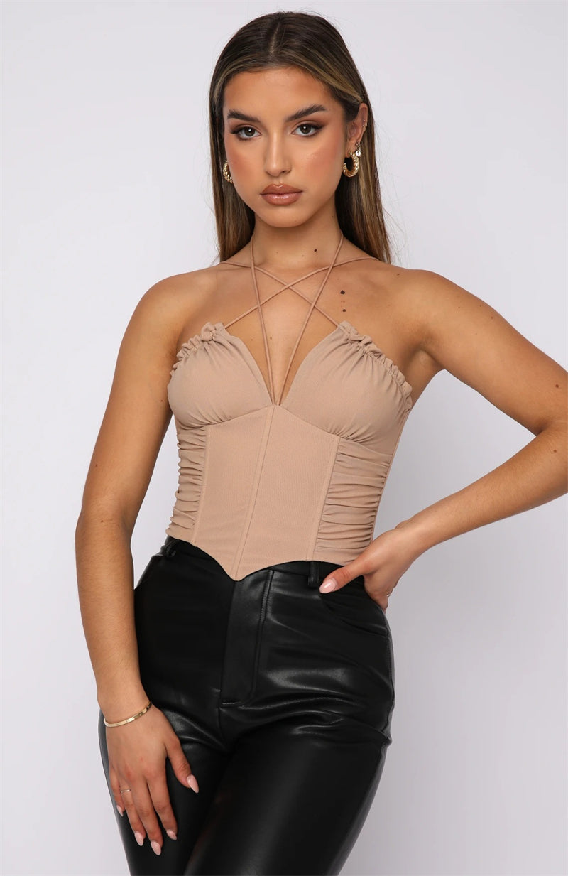 Women High-Support Mesh Pleated Crossover Camisole Tops SUM4659A