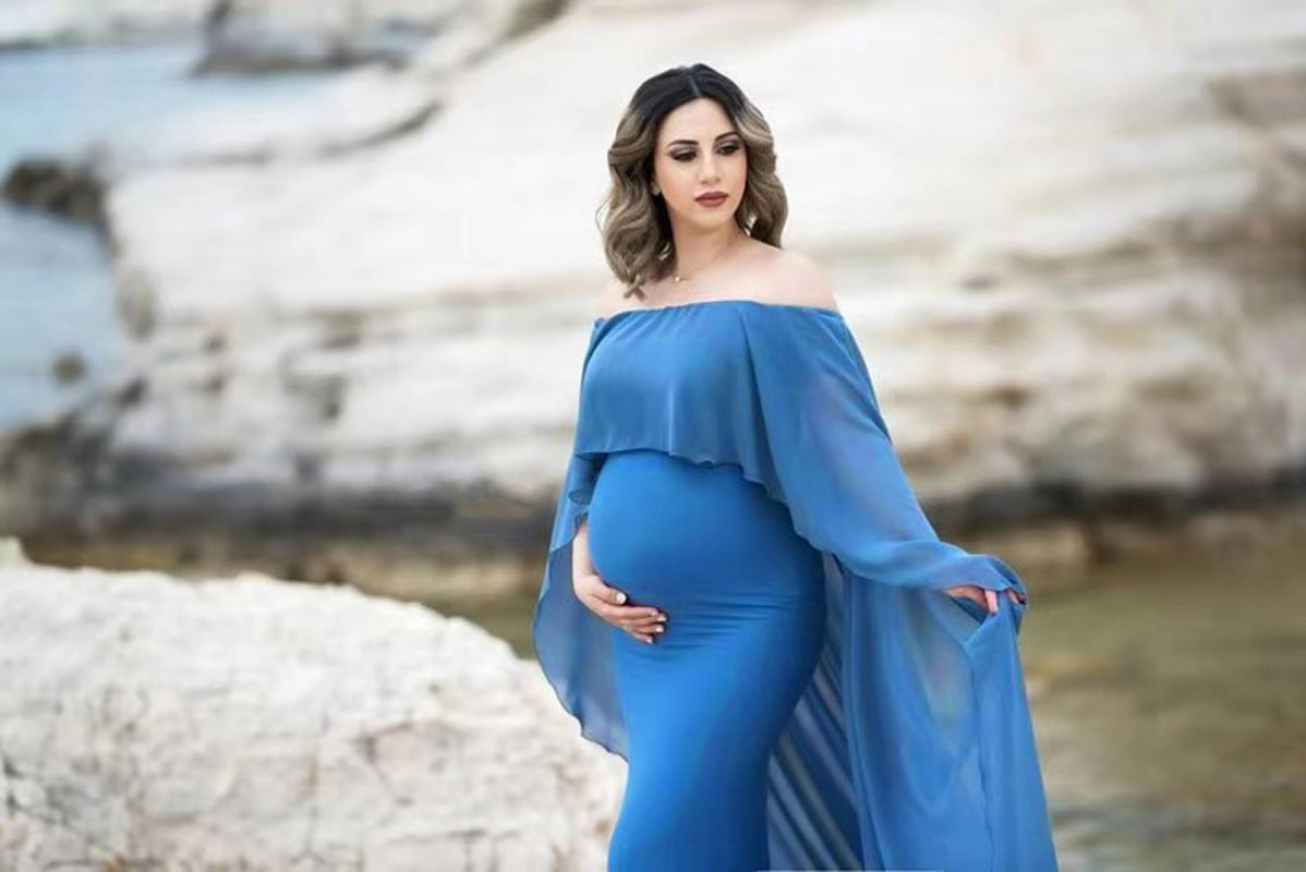 Maternity Off-shoulder Bodycon Dress  with Chiffon Shawl for Photoshoot