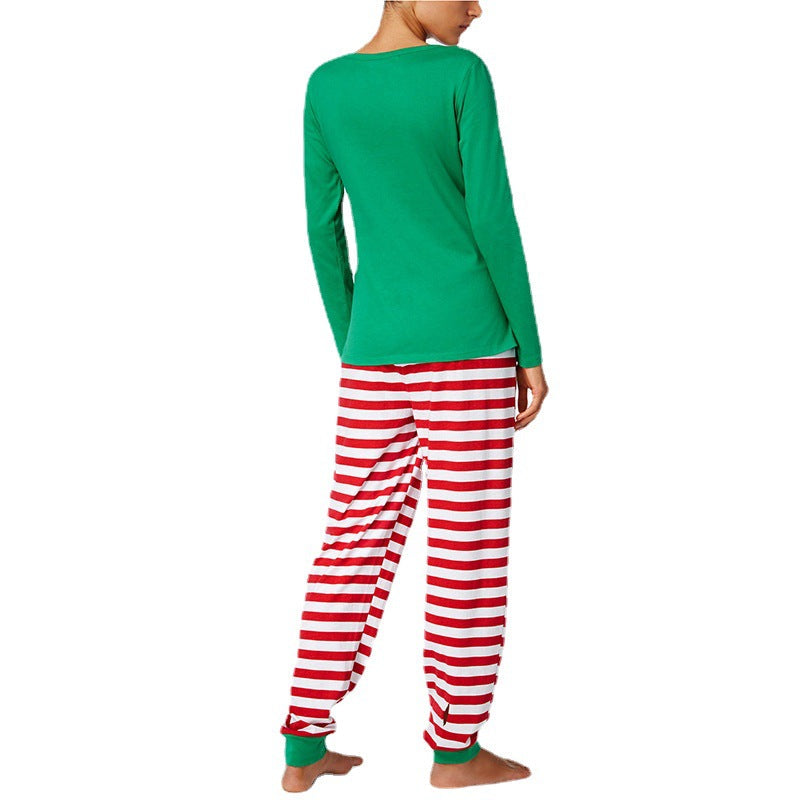 Christmas Hat Cartoon Letter Print Green Family Pajamas with Striped Pants 201001