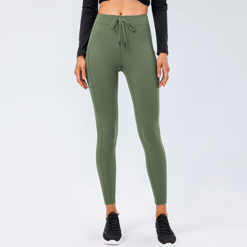 Women Hip Lift Skinny Reversible Brushed Yoga Pants with Drawstring and Pocket 12367