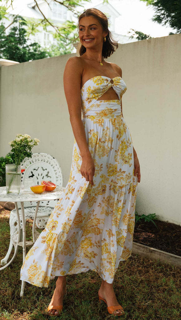 Women Yellow Printed Sleeveless Tube Top Beach Long Dress 1654