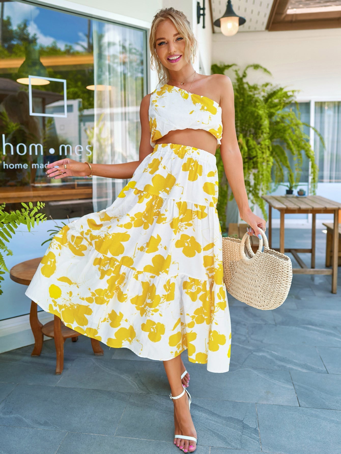 Women Yellow Floral Print One-Shoulder Crop Top Long Skirt Set 1046