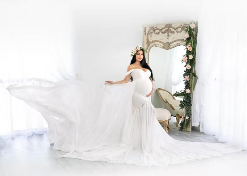 Maternity V-neck Short-sleeves Fishtail Full-length Chiffon Dress for Photoshoot
