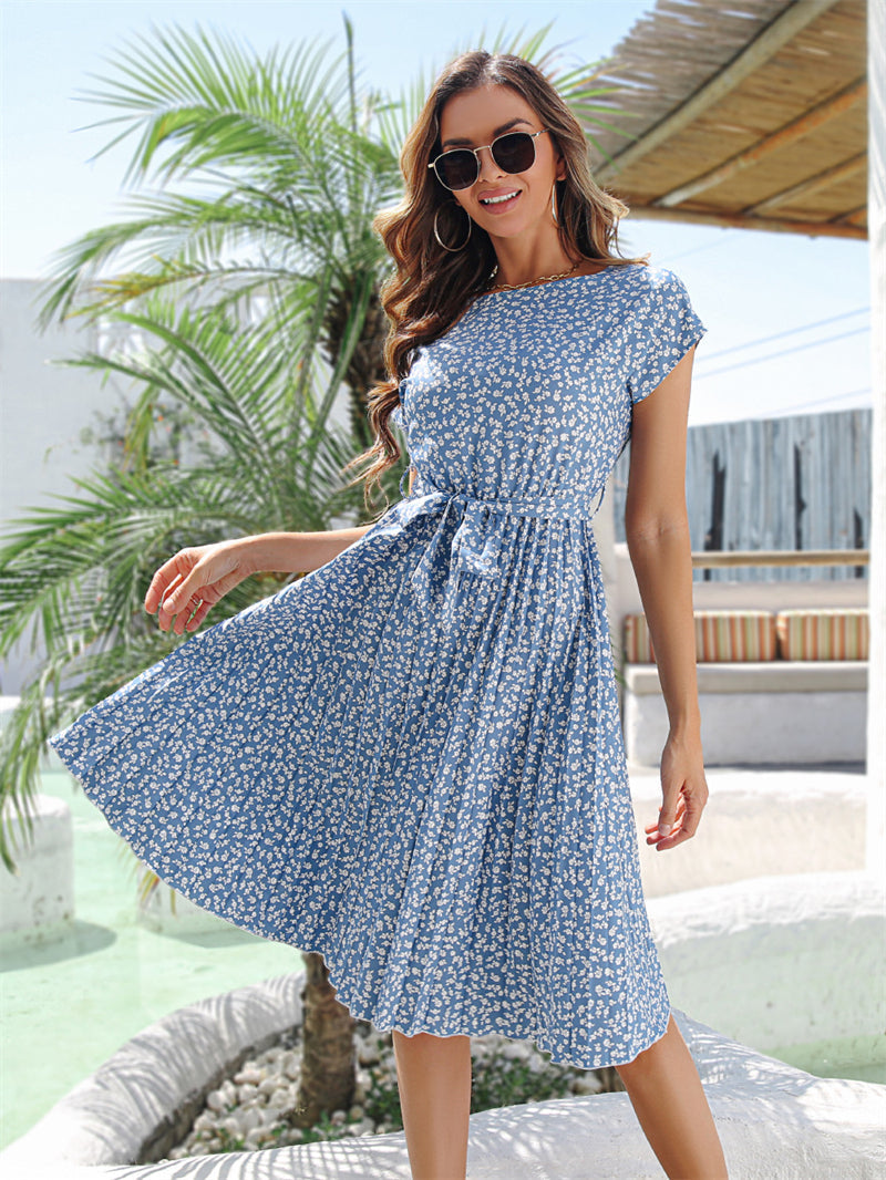 Women Casual Floral Short Sleeve Pleated Dress with Belt 8352