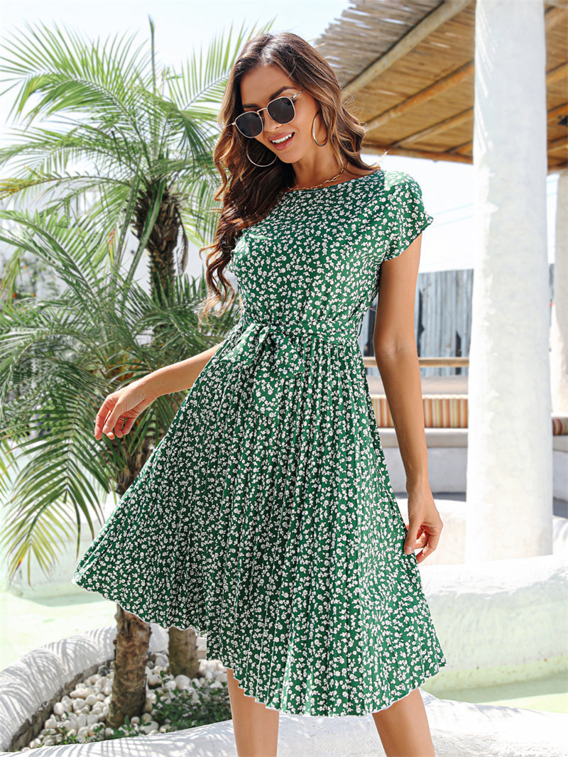 Women Casual Floral Short Sleeve Pleated Dress with Belt 8352