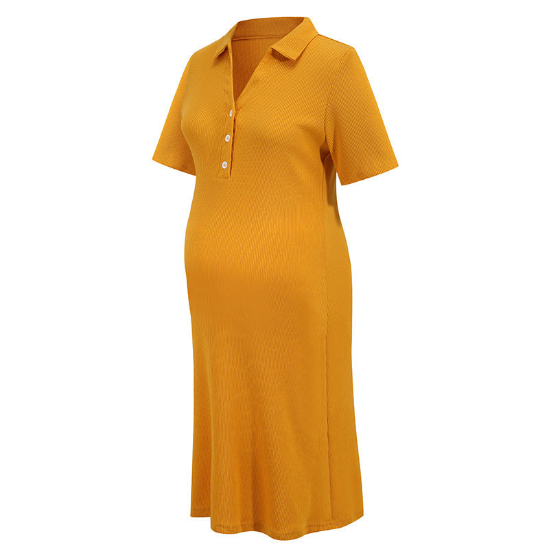 Maternity Button Front Stand Collar Short-sleeve Nursing Dress