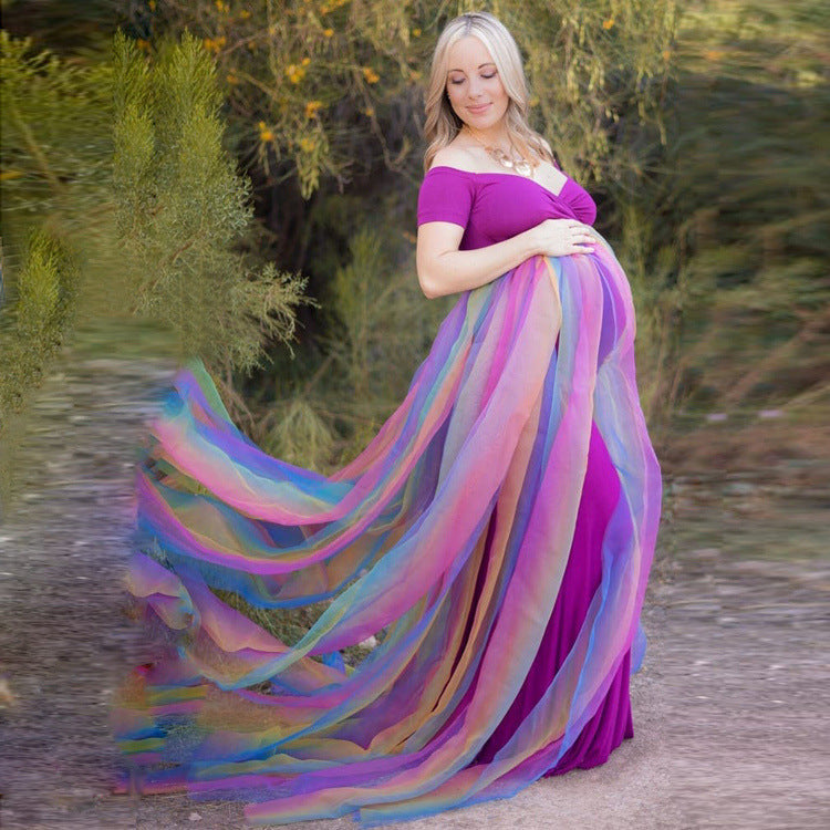 Maternity Off-shoulder Rainbow Chiffon Full-length Dress for Photoshoot
