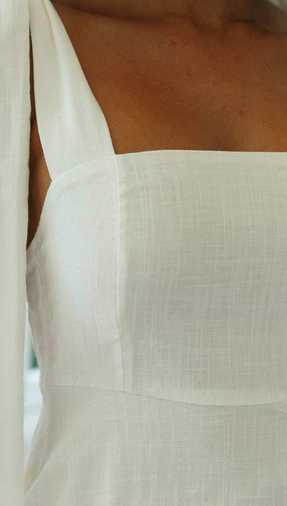 Women White Long Strap Lace Up Short Cotton Dress 1545
