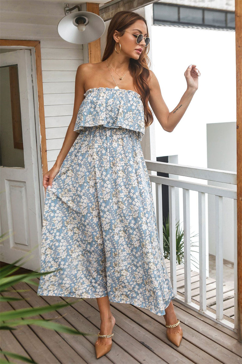 Women Spring/Summer Floral Casual Vacation Tube Top Dress M8203
