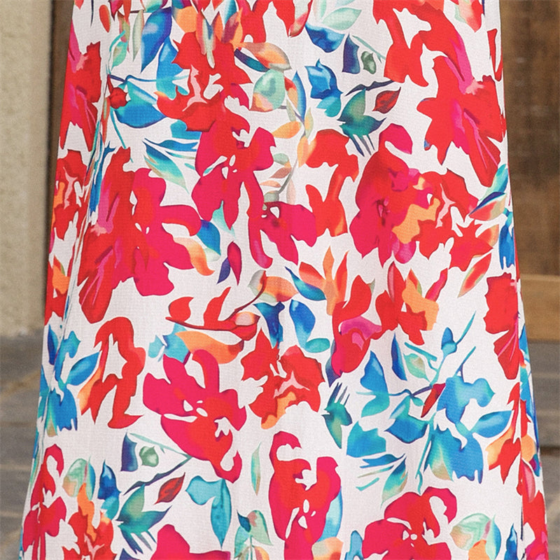 Women Floral Print V-Neck Short Sleeve Slit Dress 102021