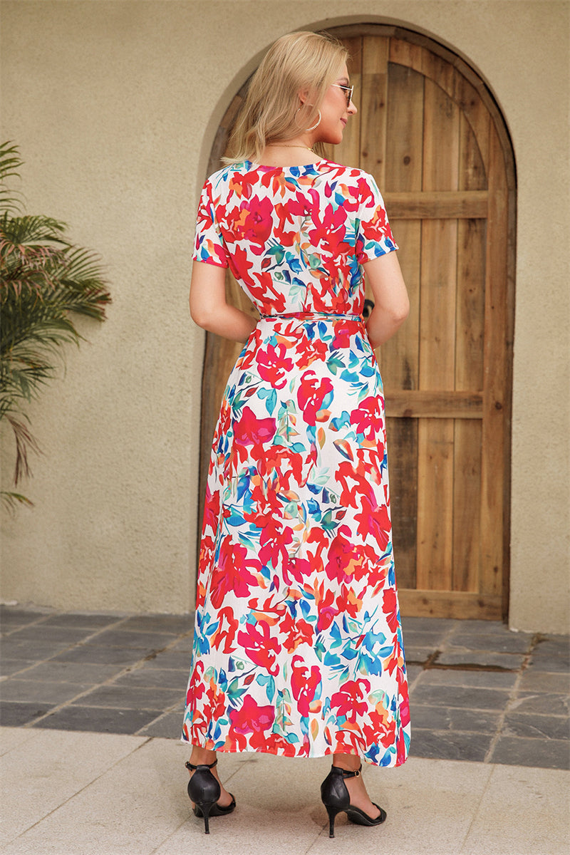 Women Floral Print V-Neck Short Sleeve Slit Dress 102021