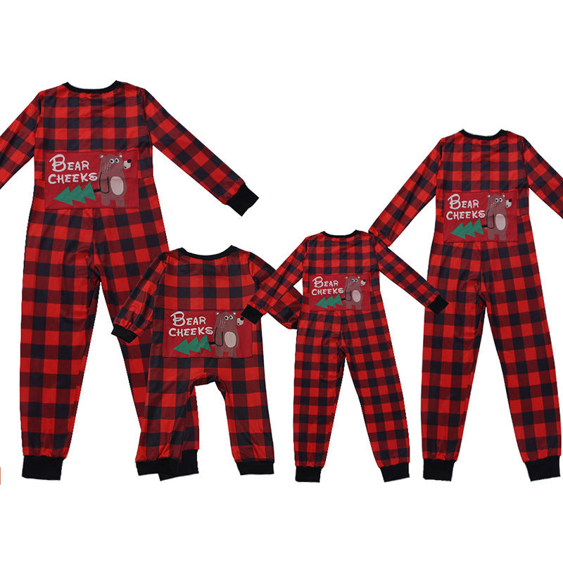 Bear Cheeks Christmas Red and Black Plaid Print Pajamas Jumpsuits OM9770