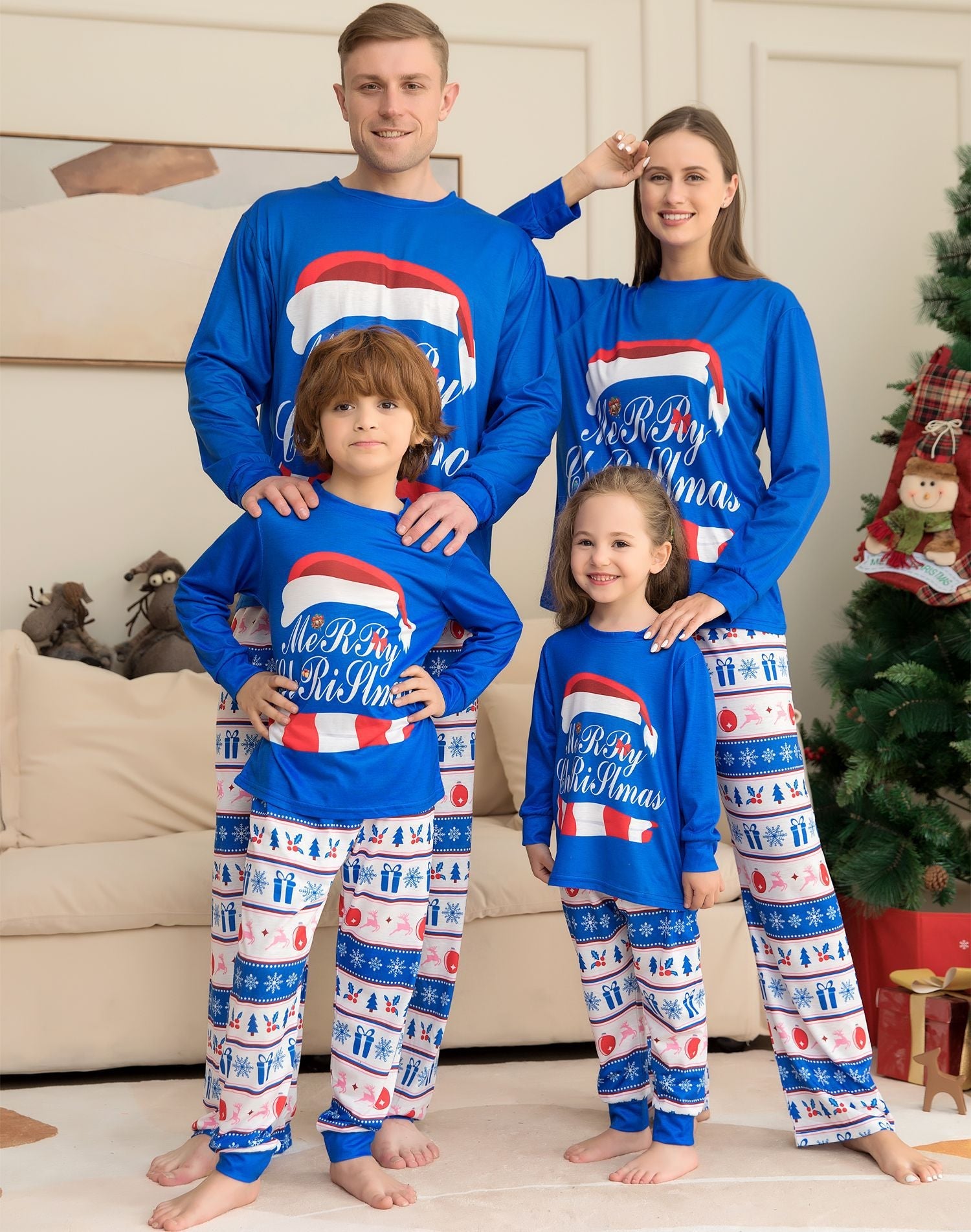 Christmas Hat Letter Print Blue Parent-Child Family Pajamas 22-102