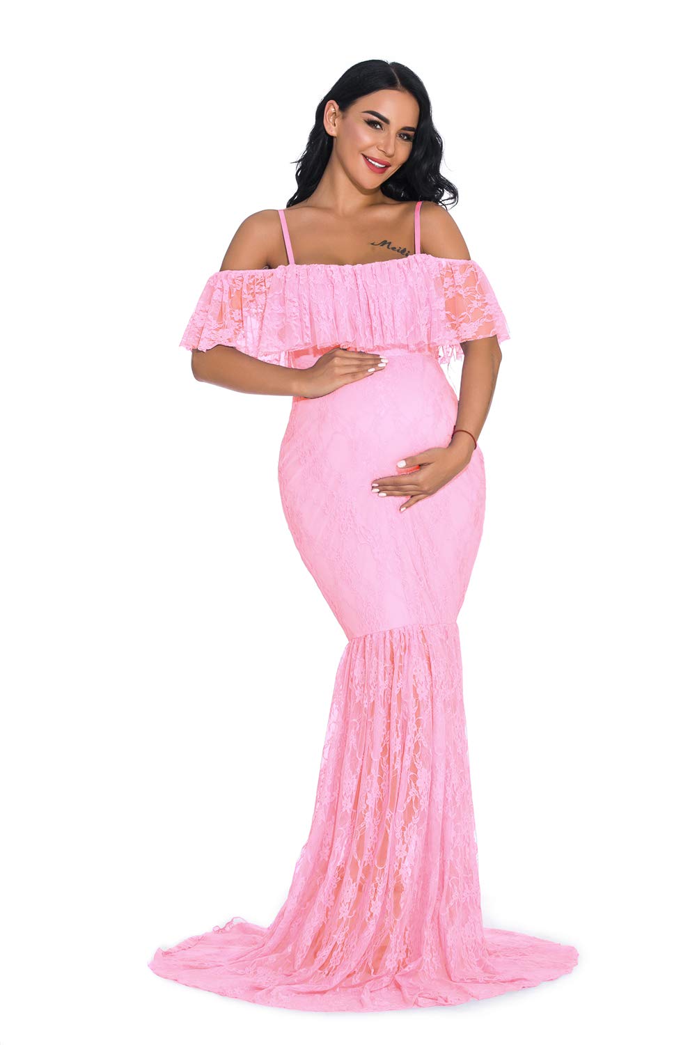 Maternity Gown Ruffle Sleeve Off Shoulder Fishtail Lace Dress for Photoshoot