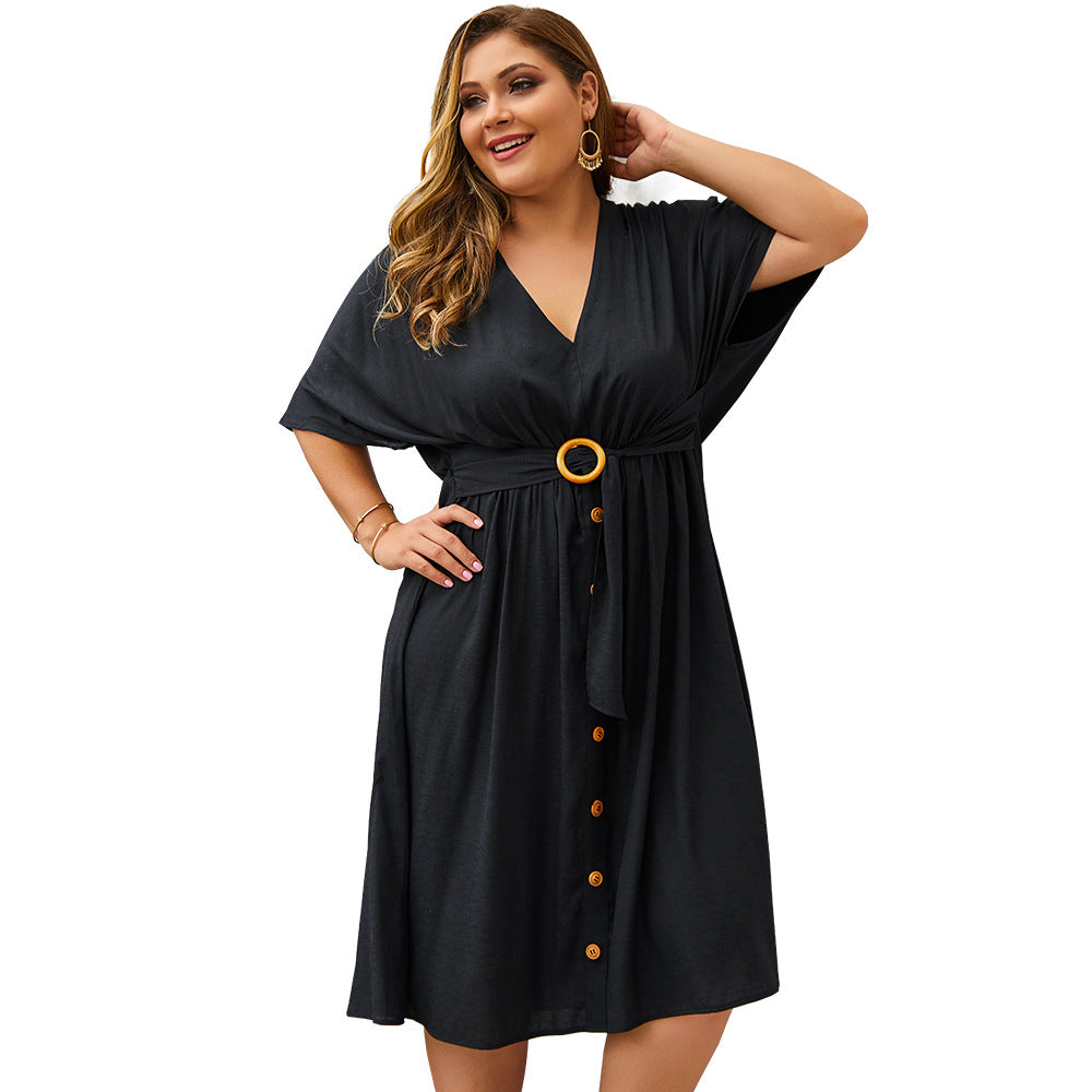 Plus Size 2021 Women's Casual Dress Women's V-neck Batwing Sleeve Button Solid Midi Dress Loose Oversized Ladies Long Dress