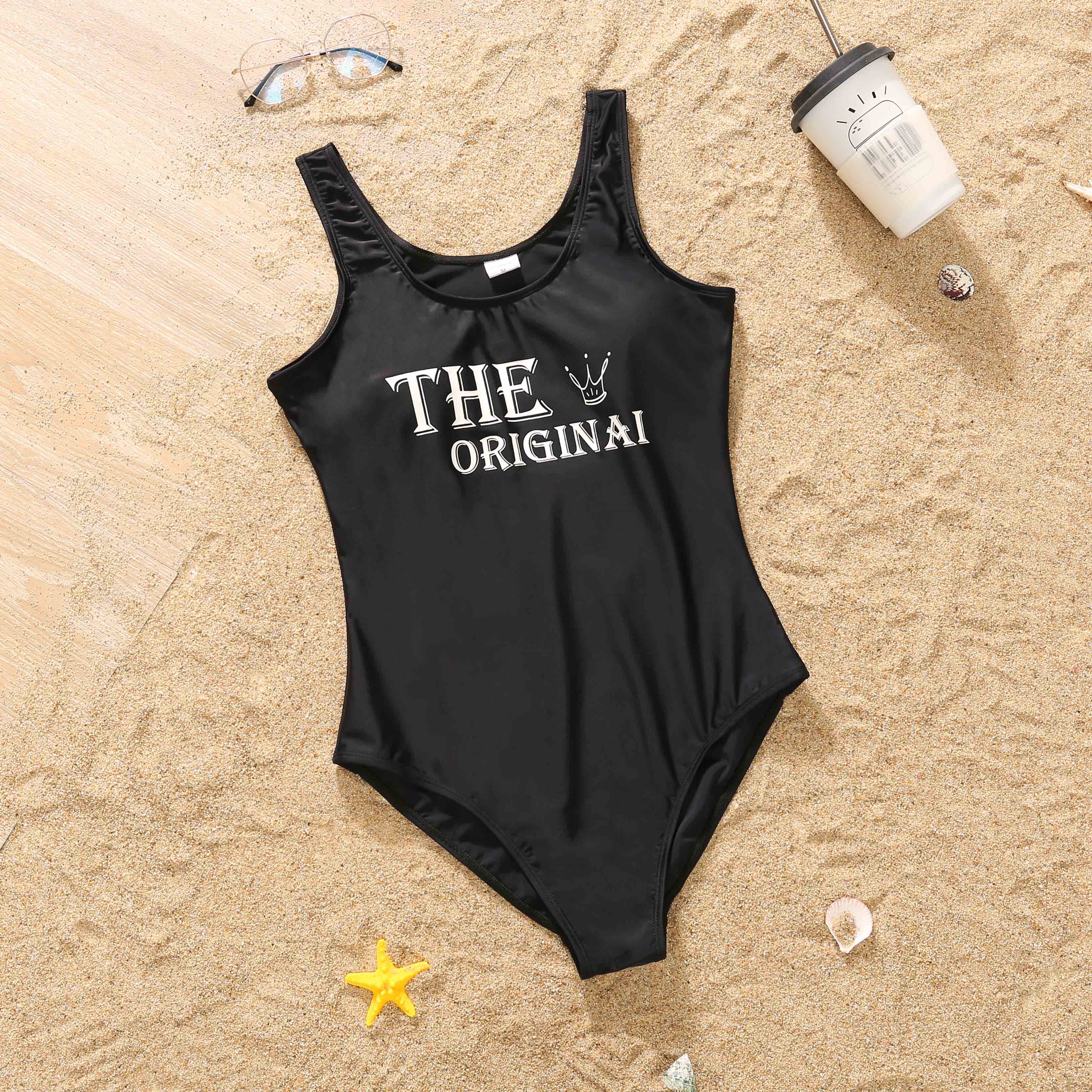 Family Matching Swimwear Letter Print Black One Piece Family Bathing Suit
