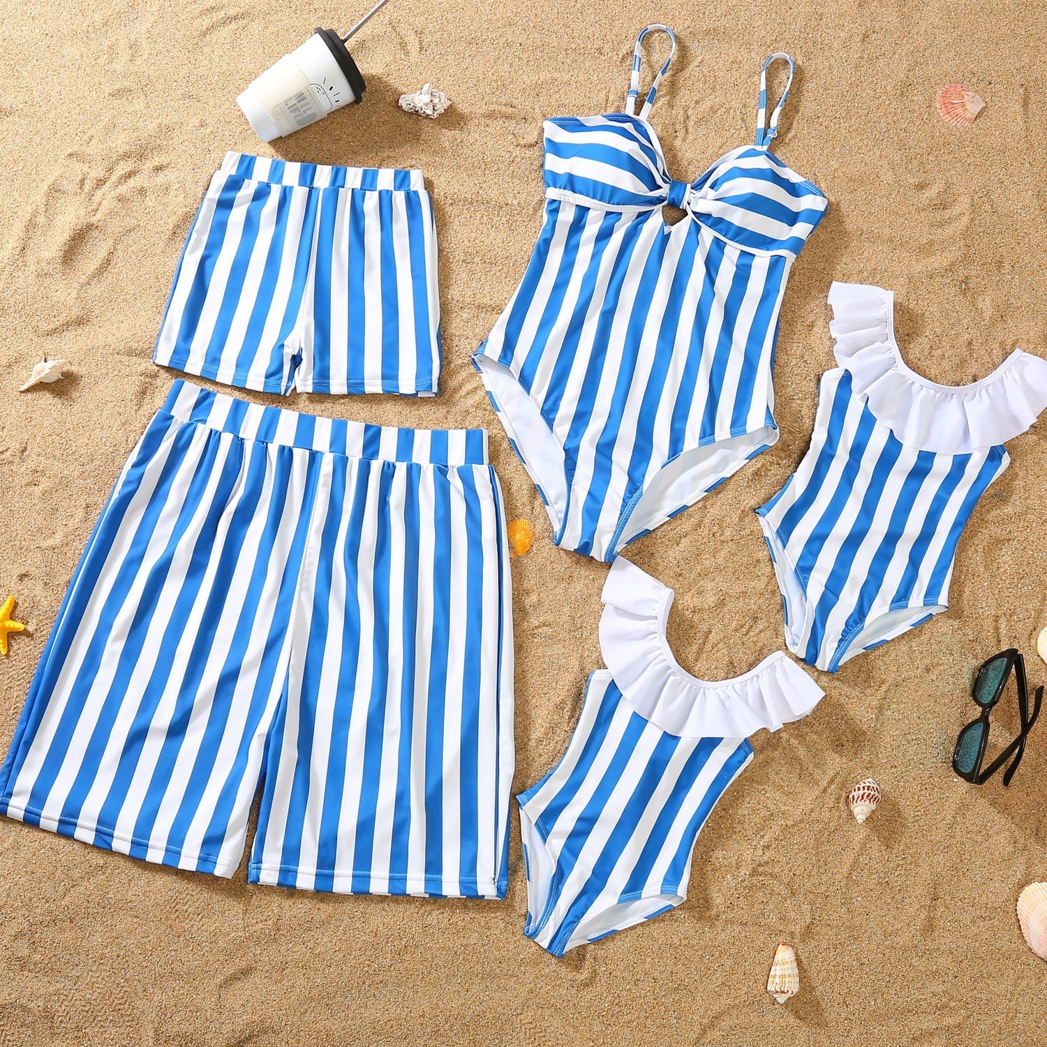 Family Matching Swimwear Striped Blue One Piece Bathing Suit