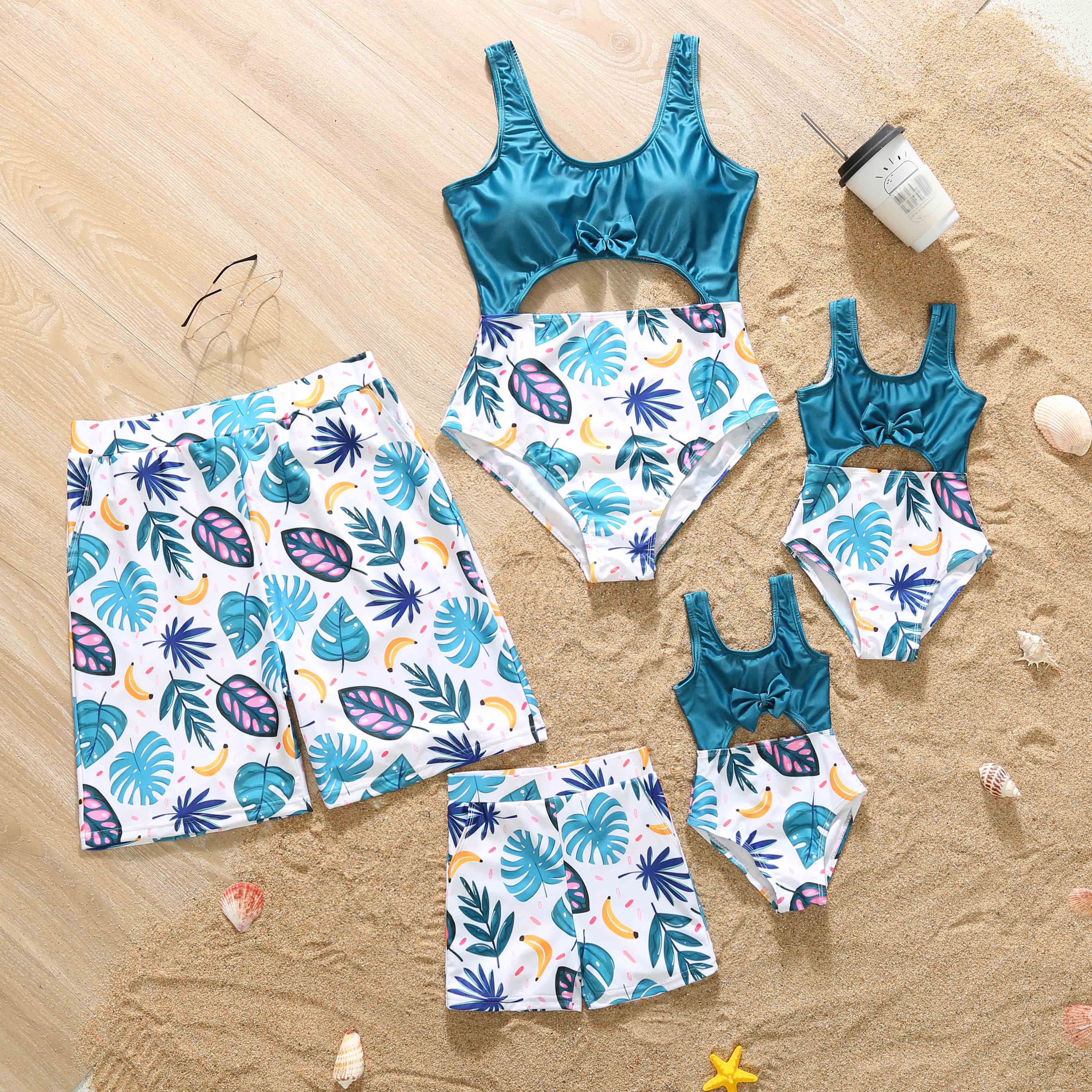 Family Matching Swimwear Plant Print Blue One Piece Bathing Suit