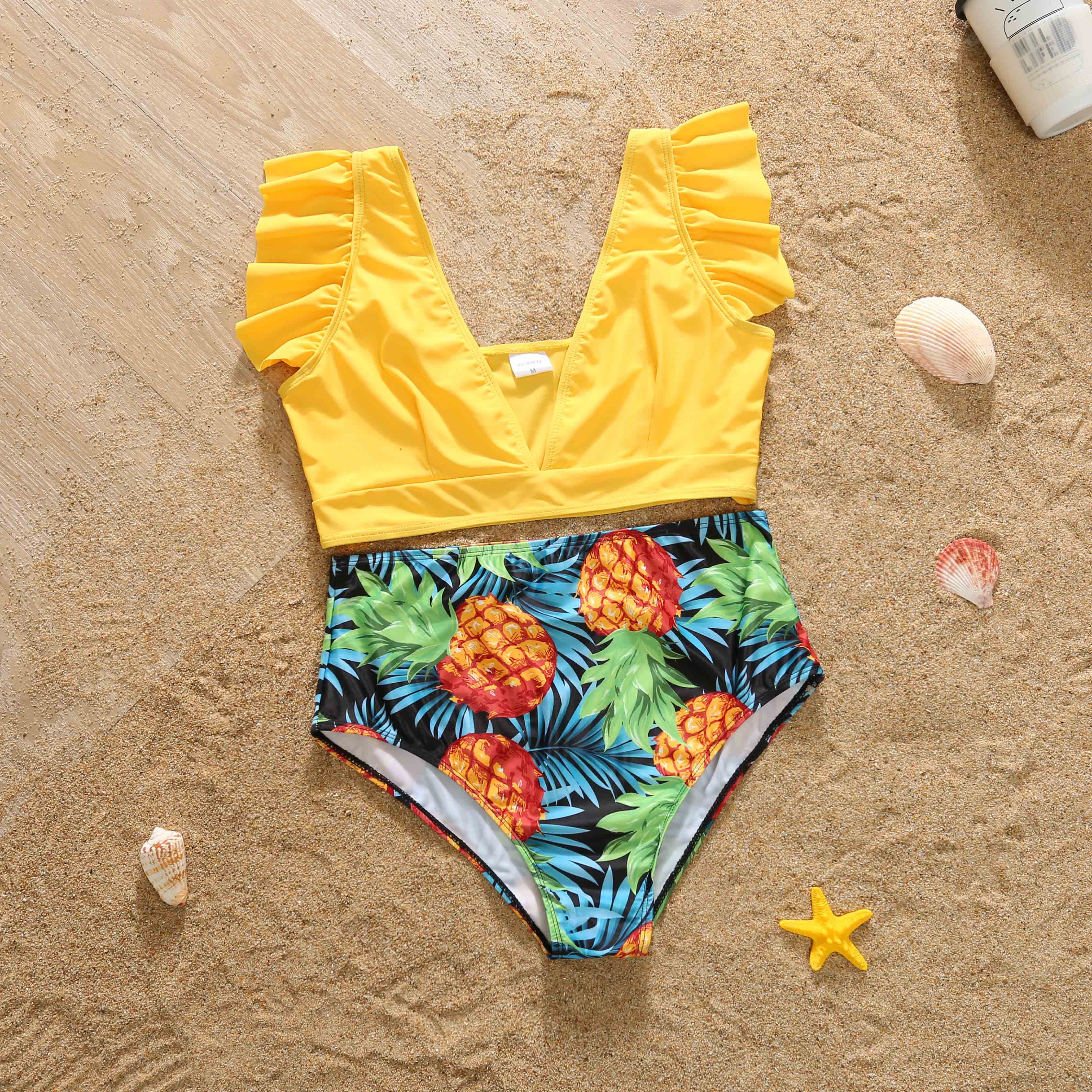 Family Matching Swimsuit Two Pieces Bikini Set Pineapple Printed Ruffles