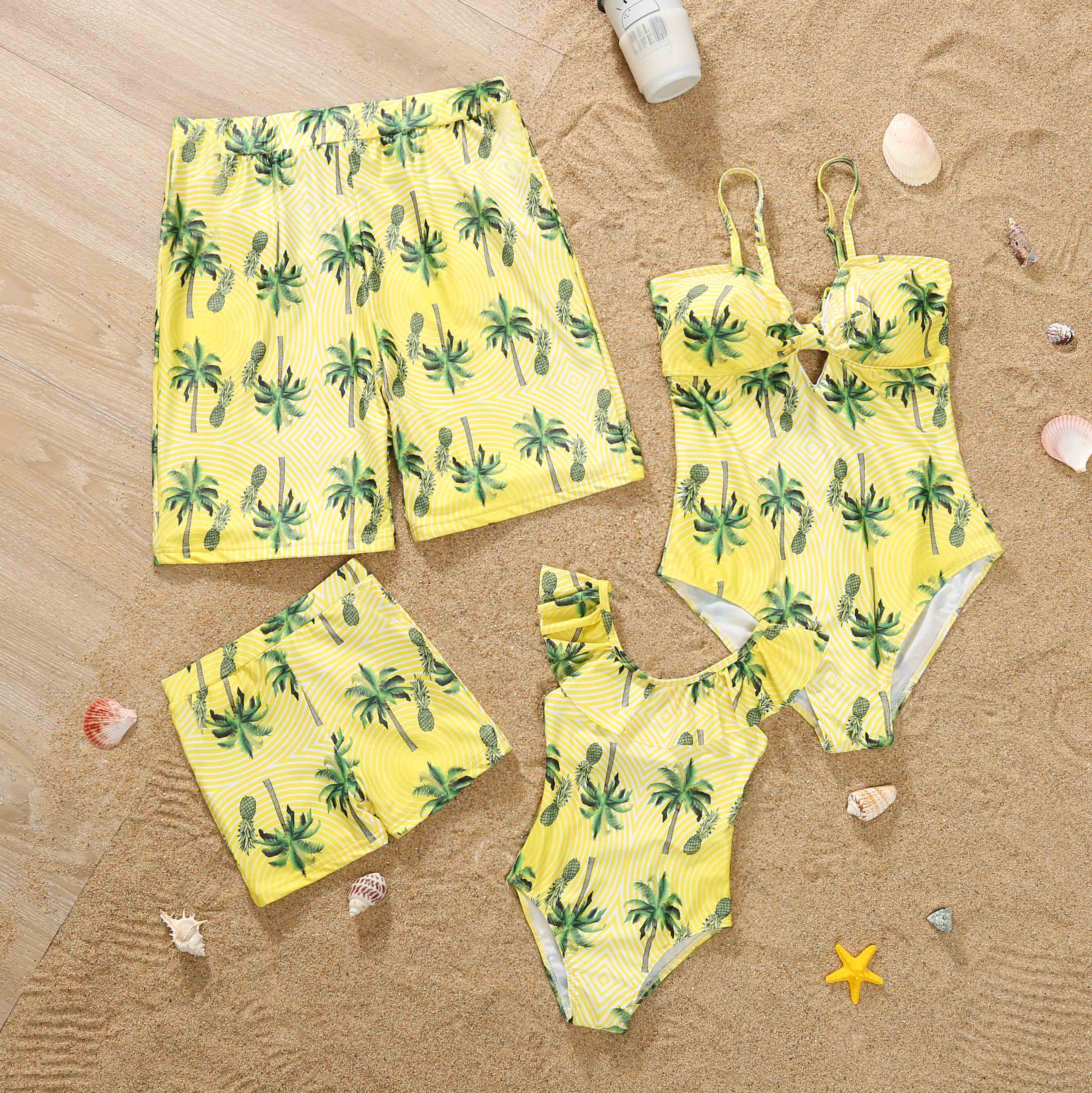 Family Matching Swimwear Coconut Tree and Pineapple Print One Piece Family Bathing Suit