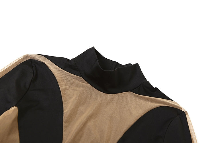See Through Mesh Patchwork Elastic Wild Bodycon Long Sleeve Bodysuit