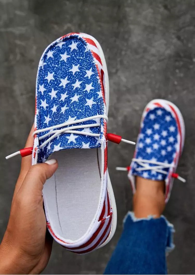 American Flag Lace Up Sneakers - Light Blue