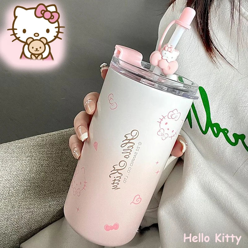 Kawaii Hello Kitty Water Cup Student Cartoon Anime 480ML Portable Straw Direct Drink Thermos Cup Office Coffee Cup Gift
