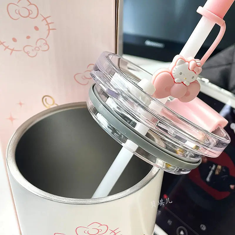 Kawaii Hello Kitty Water Cup Student Cartoon Anime 480ML Portable Straw Direct Drink Thermos Cup Office Coffee Cup Gift