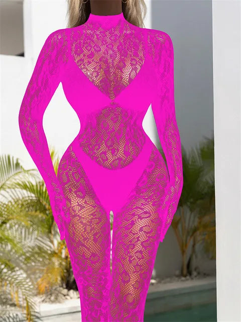 See Through Lace Long Sleeve Bodycon Jumpsuits  Knitted Strecth Black Backless