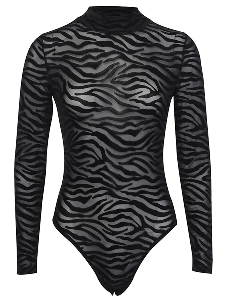 Shestyle Tiger Print Mesh Transparent Bodysuit Women Black Sexy Mock Neck Button Long Sleeve Spring Elastic Punk Body Slim