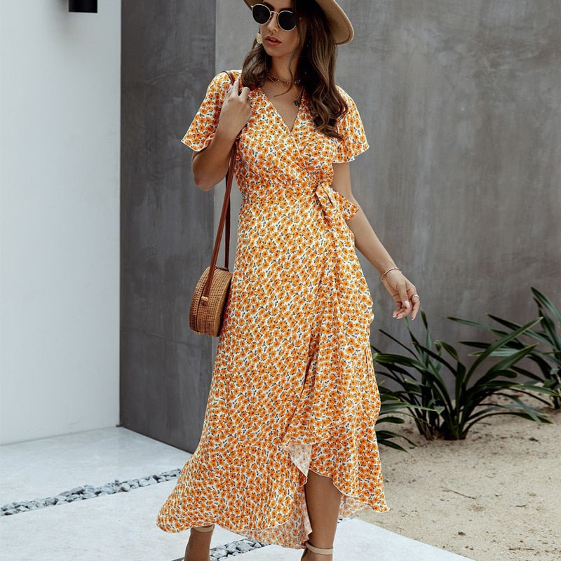 Summer Maxi Dress Women Polka Dot Sexy V Neck Ruffles Short Sleeve Holiday Long Beach Sundress