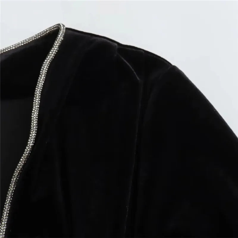 Rhinestone Black Velvet Long Sleeve Vintage Bodysuit