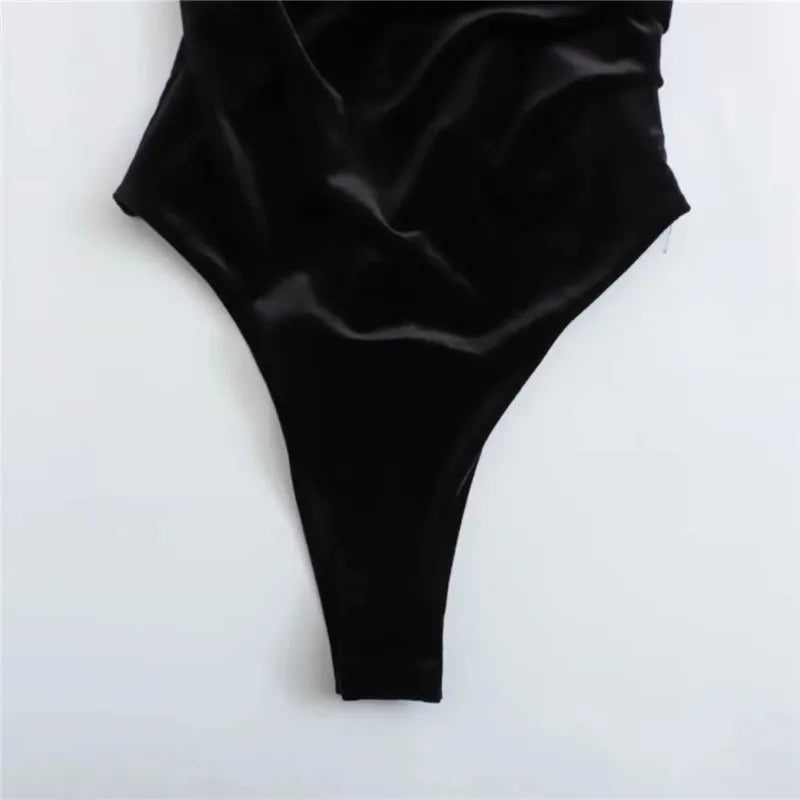 Rhinestone Black Velvet Long Sleeve Vintage Bodysuit