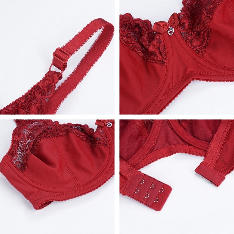 Women Plus Size Sexy Ultrathin Transparent Solid Color Hollow Out Lace Underwear Brassiere C/D Cup