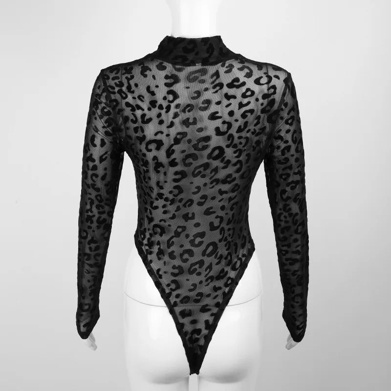 Women Leopard See Through Long Sleeve Bodysuit