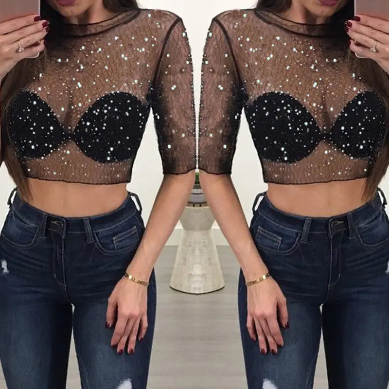 Women Sexy Mesh Sheer Short Sleeve Sequined Sparky Tops