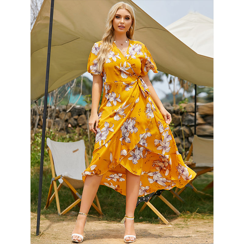 Women's Bohemian Beach Short Sleeve Floral Print Ruffled Wrap Dress