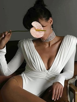 YEAE Deep V Neck Sexy Ruched Bodysuit Women White Skinny Long Sleeve Body Tops Rompers 2023 Autumn Elegant Night Party Bodysuit