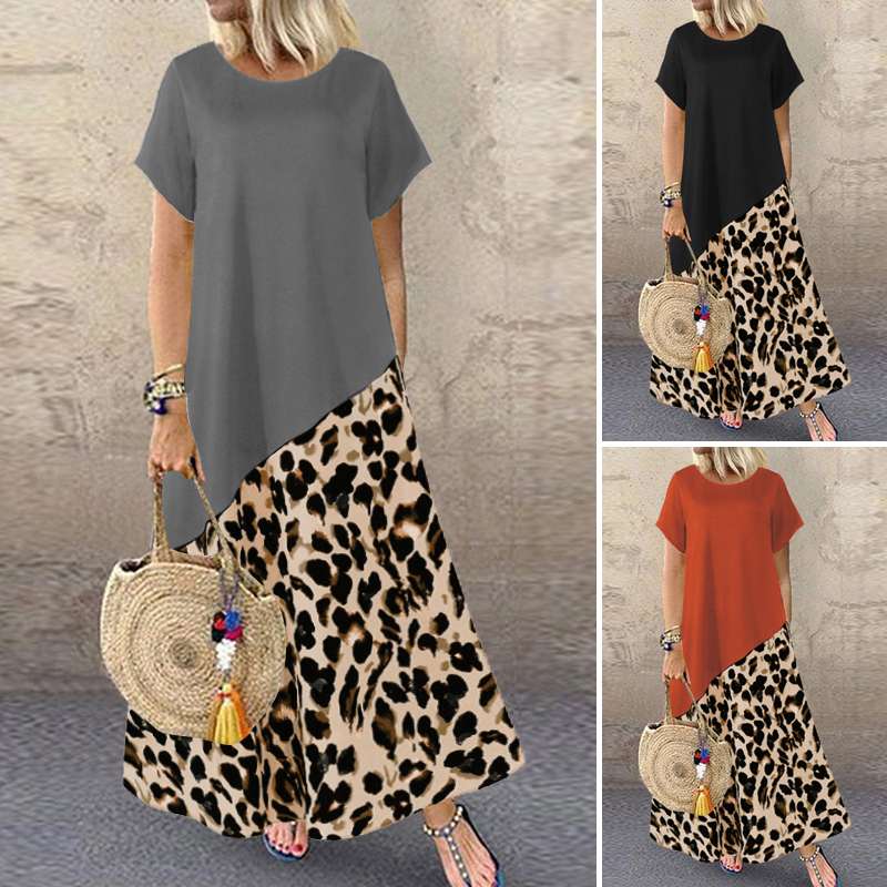 Leopard Maxi Dress Fashion Women's Printed Sundress Short Sleeve Patchwork Maxi Dress