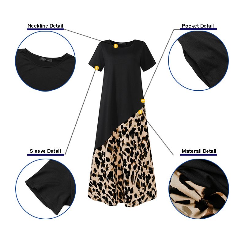 Leopard Maxi Dress Fashion Women's Printed Sundress Short Sleeve Patchwork Maxi Dress