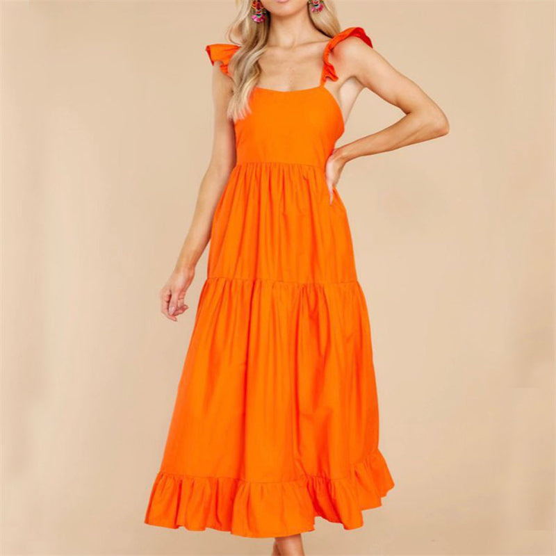Orange Open Back Elastic Ruffle Sleeve Layered Dress A6-22112