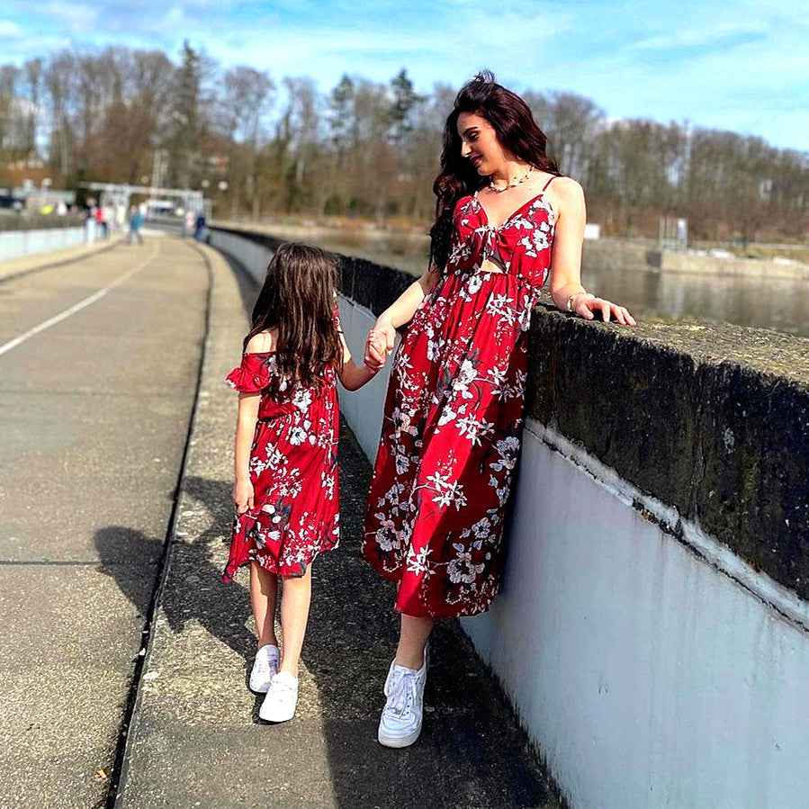 Mom and Daughter Red Floral Print Dresses
