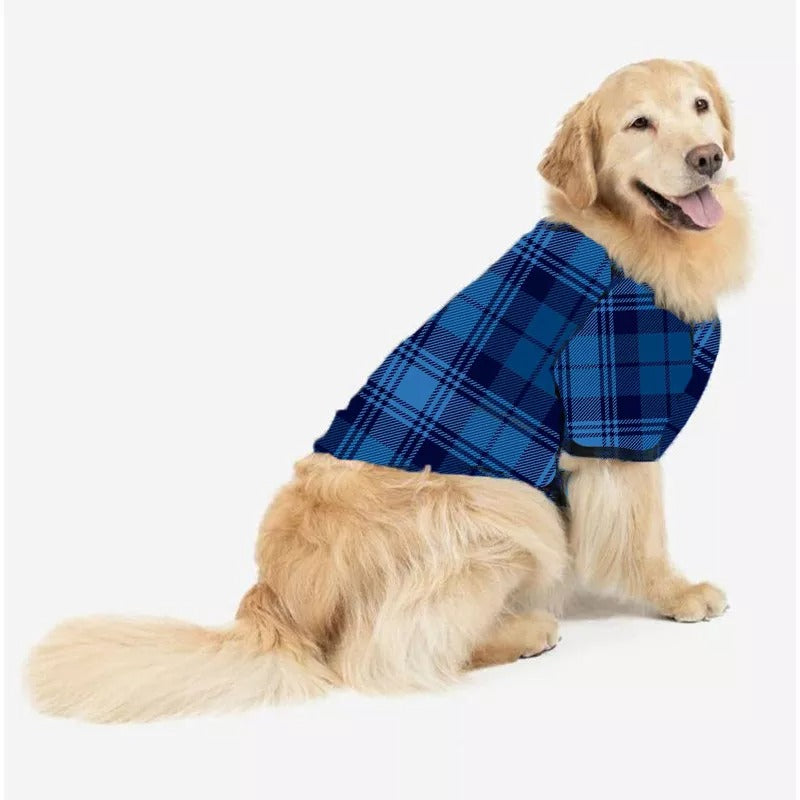 Christmas 'Define Naughty' Letter Print Patterned Casual Long Sleeve Sweatshirts Blue Sleeve Contrast Tops and Blue Plaid Pants Family Matching Pajamas Sets With Dog Bandan