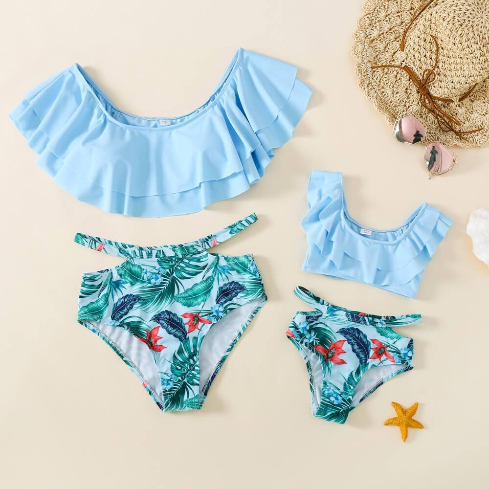 Off-shoulder Flounce Plants Print Family Matching Swimsuits With Baby
