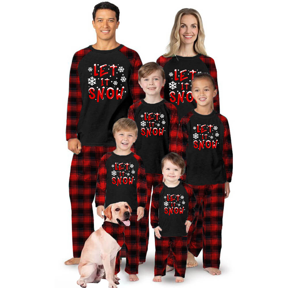 Let It Snow Snowflake Grey Top With Black&Red Plaid Pants Matching Pajamas with Dog