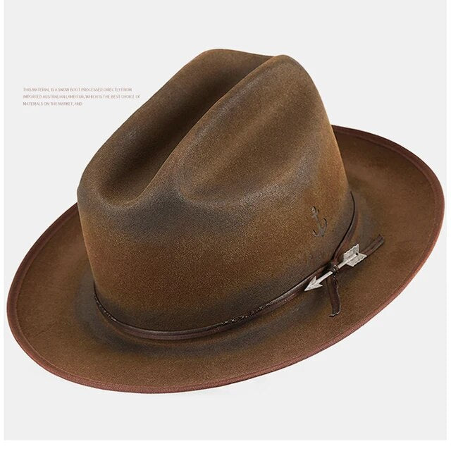 Wide Brim Fedora Hats for Men Women 100% Wool Felt Panama Rancher Hat with Lightning Logo Distressed/Burned Handmade
