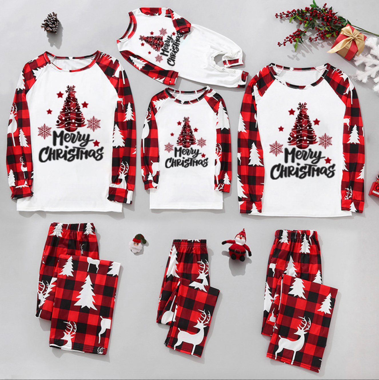 Merry Christmas Letter Raglan Long-Sleeve Top with Plaid Pants Family Matching Pajamas