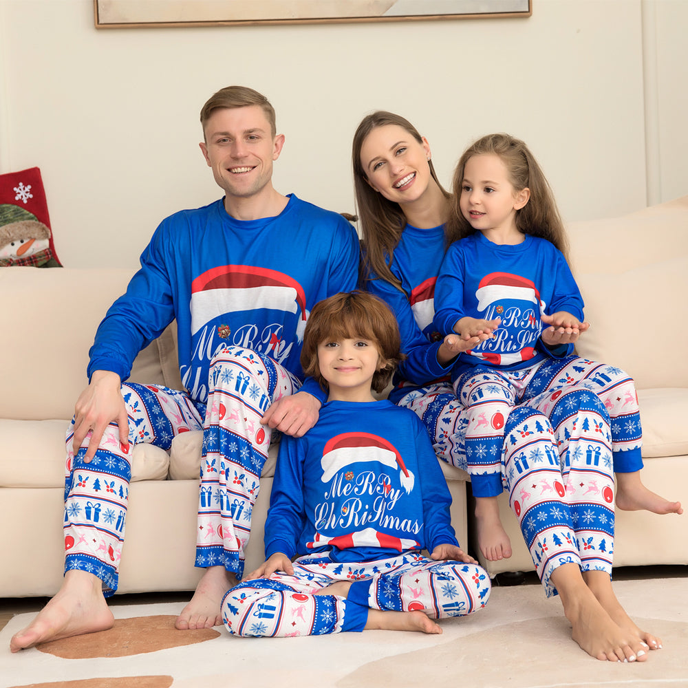 Christmas Hat Letter Print Blue Parent-Child Family Pajamas 22-102