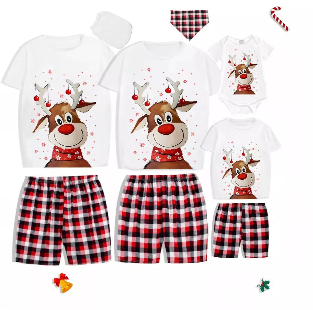 Short Sleeve Christmas Deer T-shirt and Red Plaid Long Pants Christmas Family Matching Sleepwear Pajamas Sets